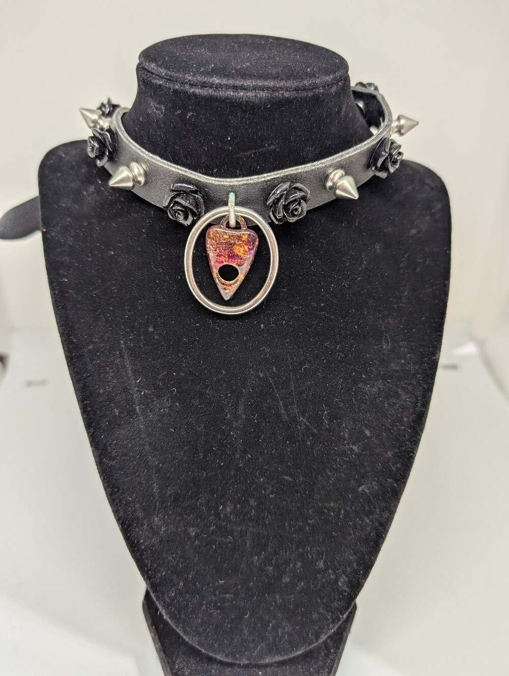 Faux Leather Spike Rose Choker Dangling Planchette Ouija Necklace Goth Punk